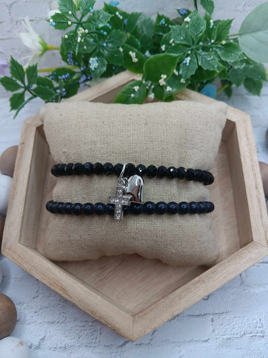 Black Bracelet Set w/ Silver Heart & Cross Charms