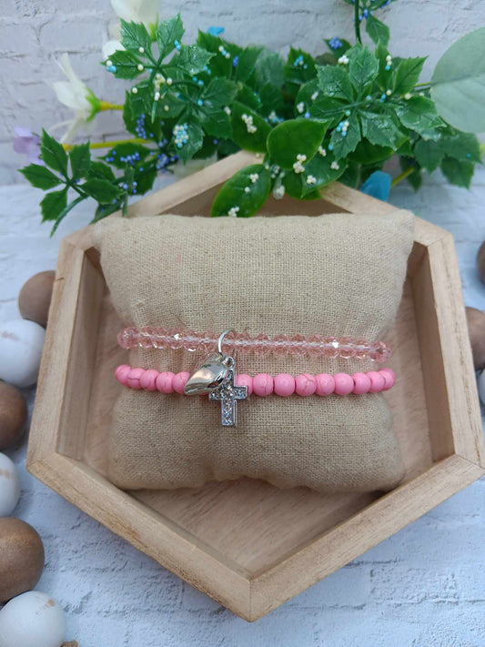 Pink Bracelet Set w/ Silver Heart & Cross Charms