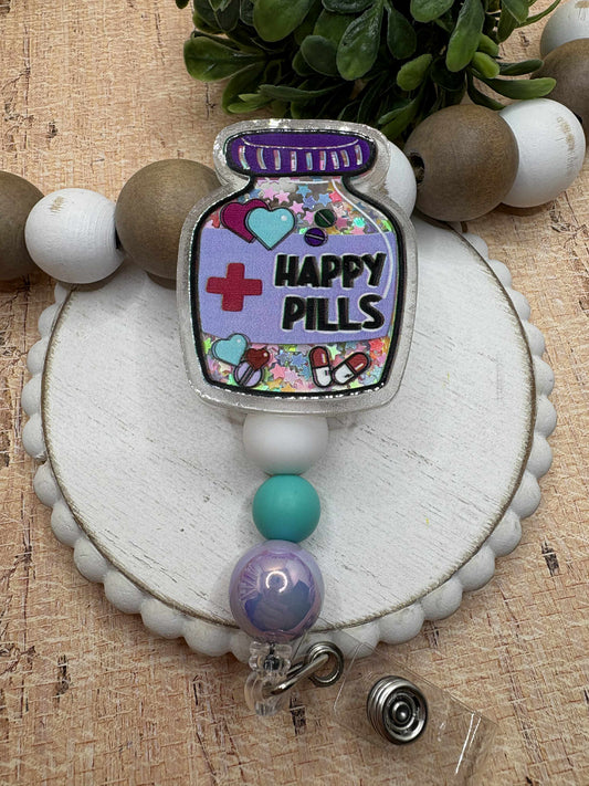 Happy Pills Beaded Badge Reel - White, Teal, Purple