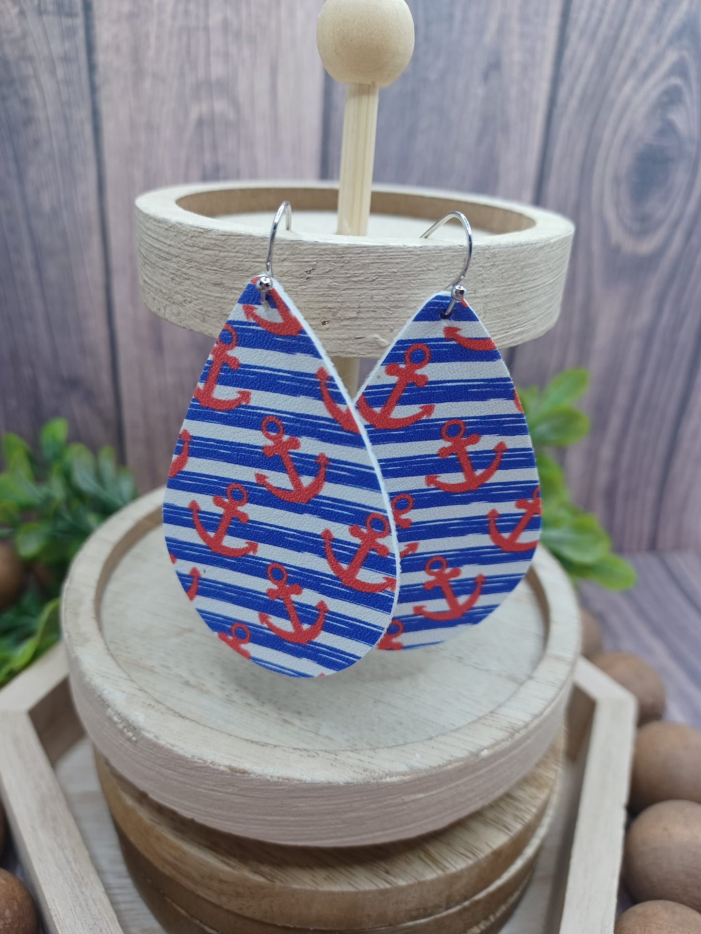 White & Blue Striped w/ Anchor Earrings