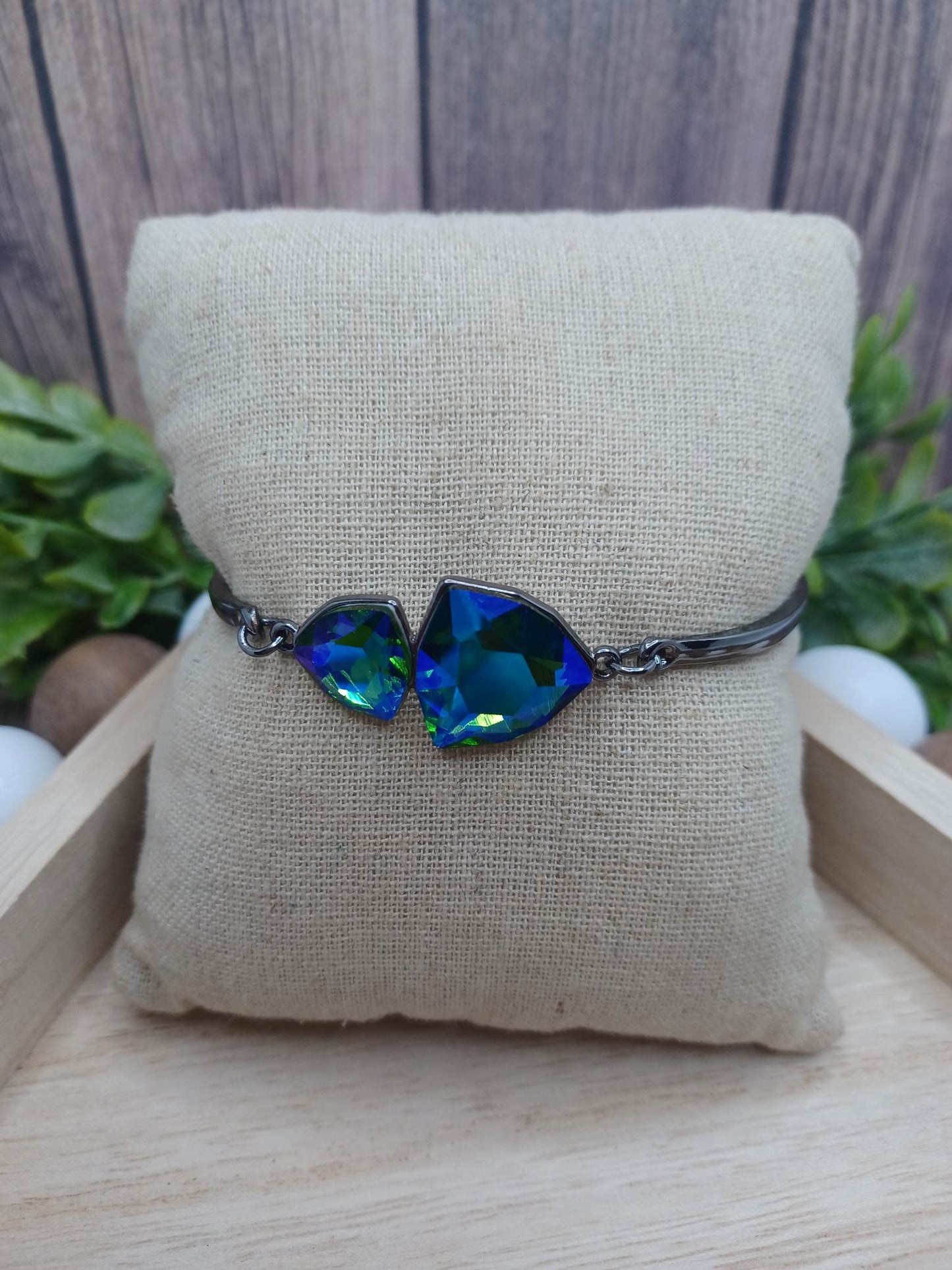 Silver Bracelet/Anklet with Blue/Green Oil Spill Rhinestones