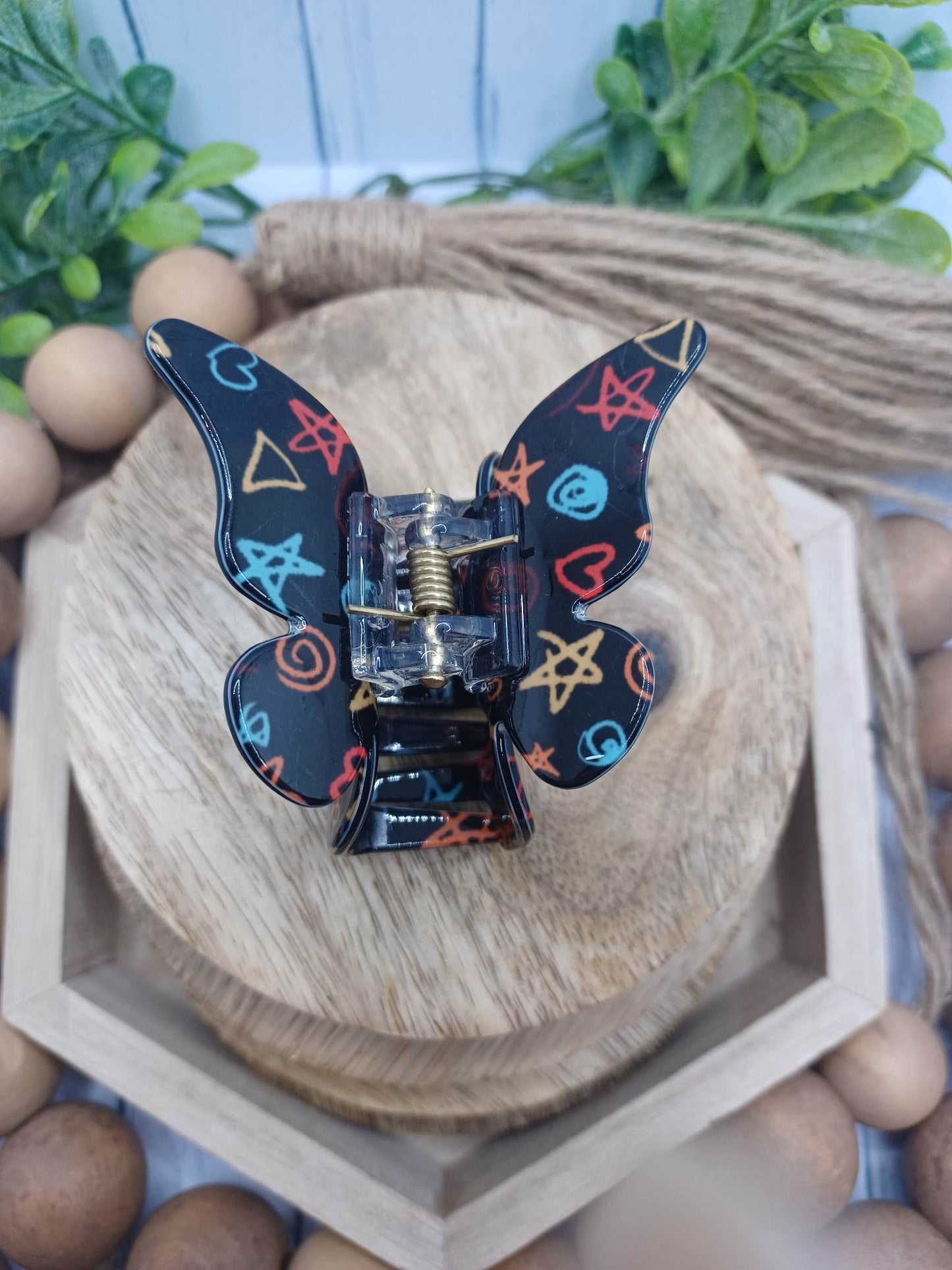 Black Butterfly Hair Claw Clip w/ Multicolored Shapes