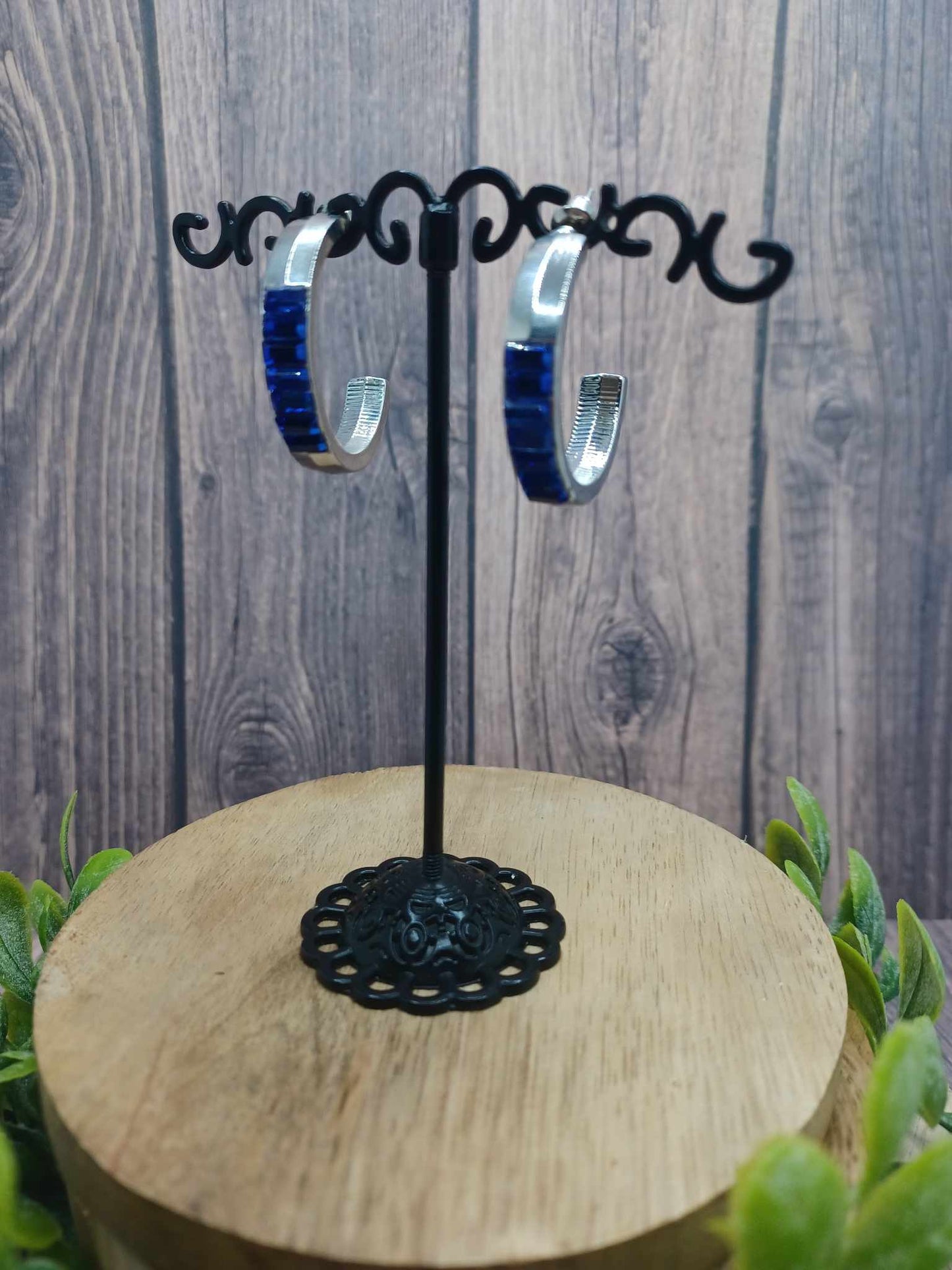 Silver Hoop Earrings w/ Blue Stone Accents