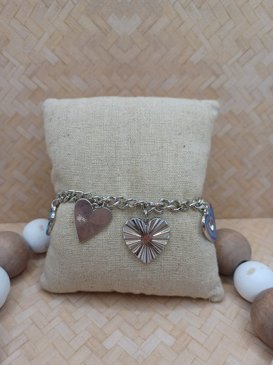 Silver Bracelet w/ Purple & Blue Heart Charm & Mermaid Rhinestone Detail