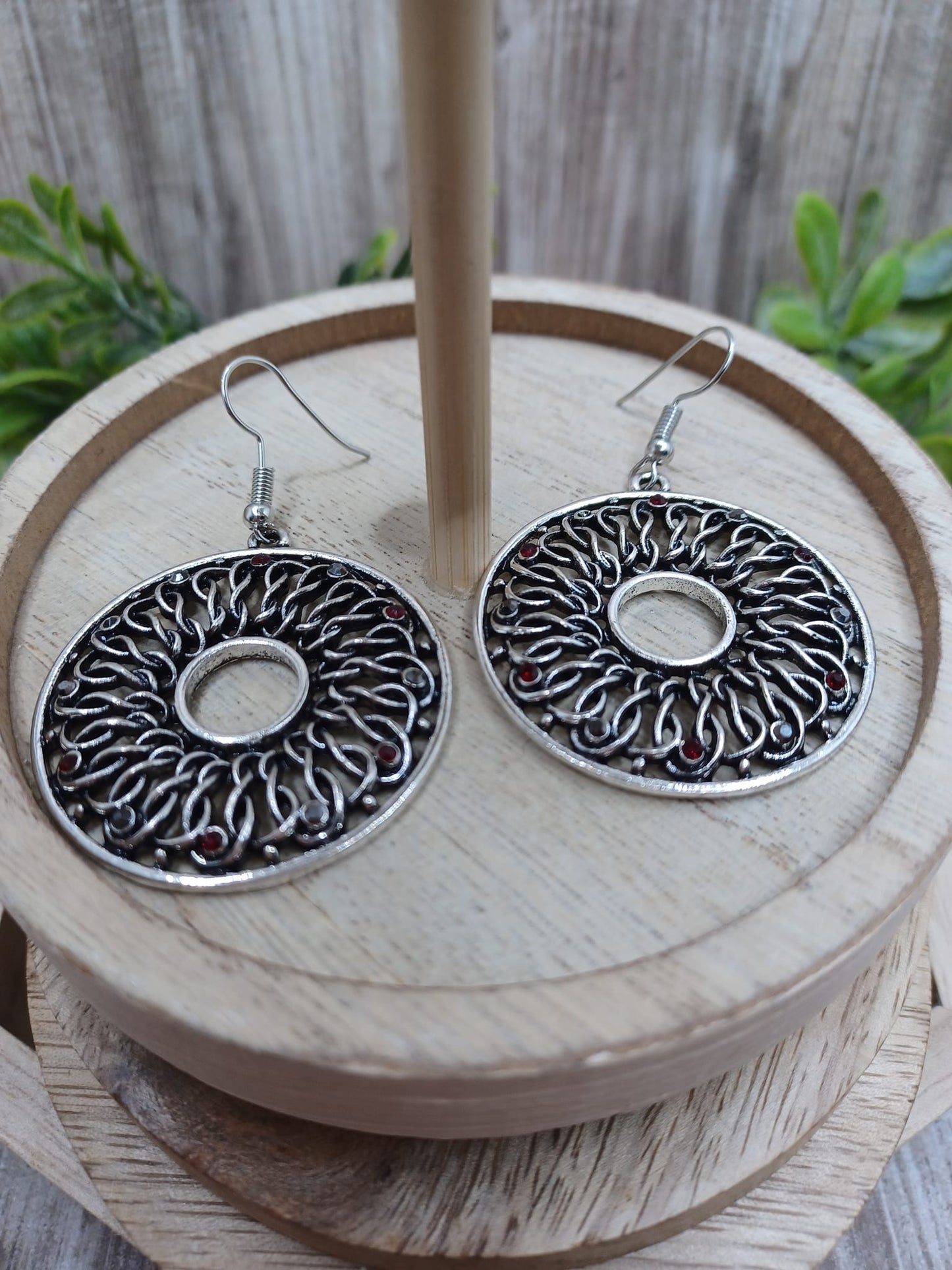 Silver Circle Earrings w/ Red Rhinestone Accents