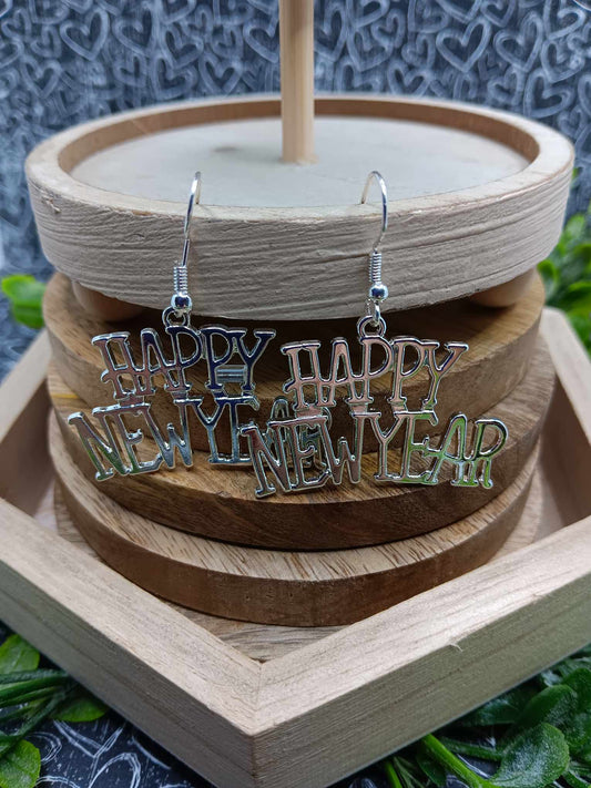 Silver Happy New Year Earrings