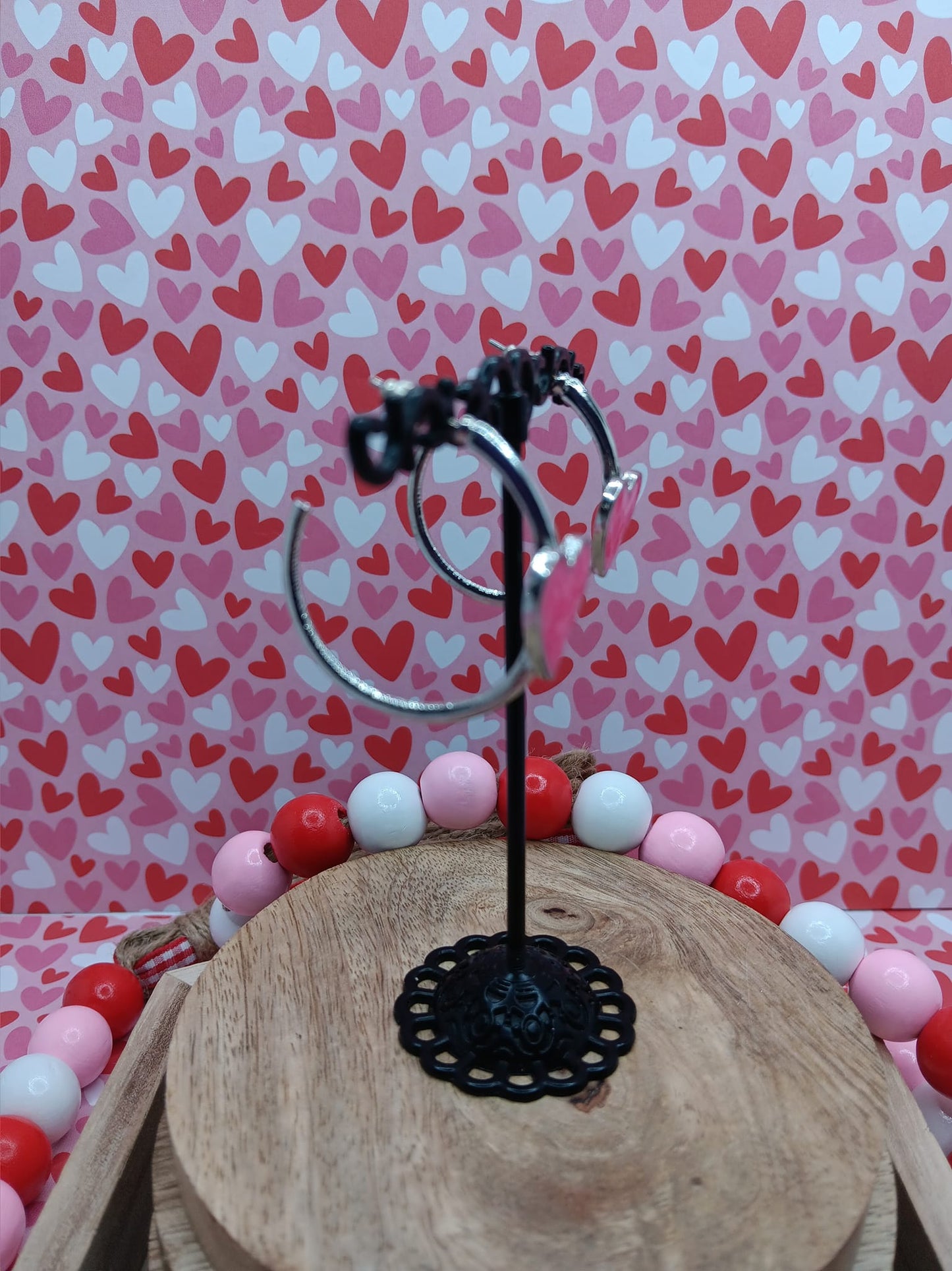 Silver Hoop Earrings w/ Hot Pink Heart Design