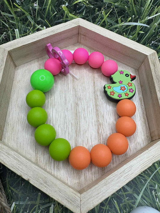 Orange, Pink, & Green Beaded Duck Wristlet Keychain