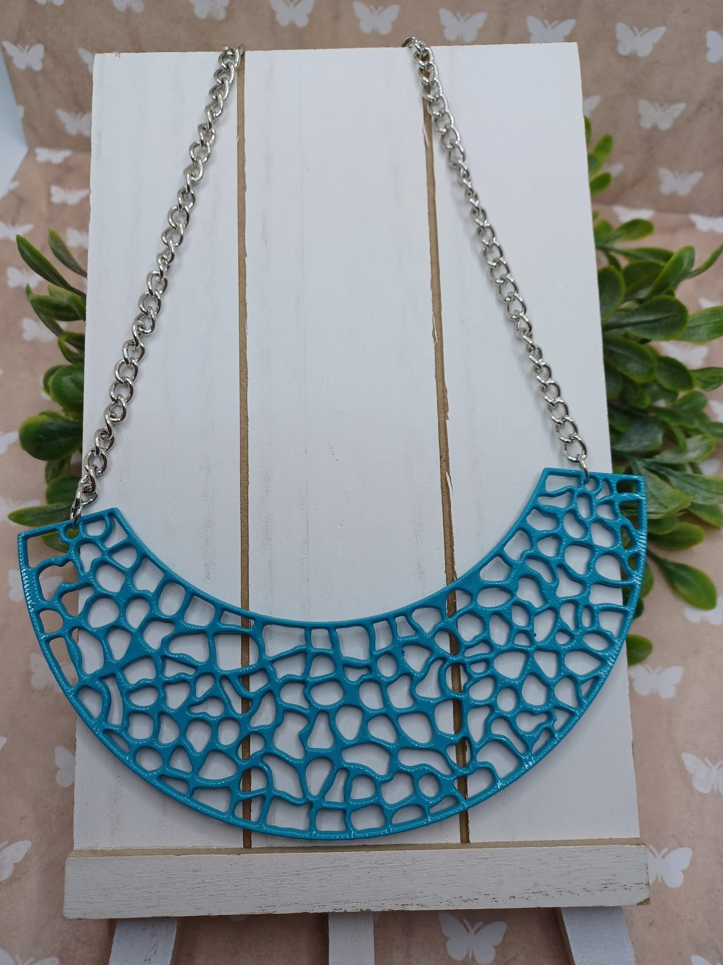 Silver Necklace w/ Blue Bib Style Pendant