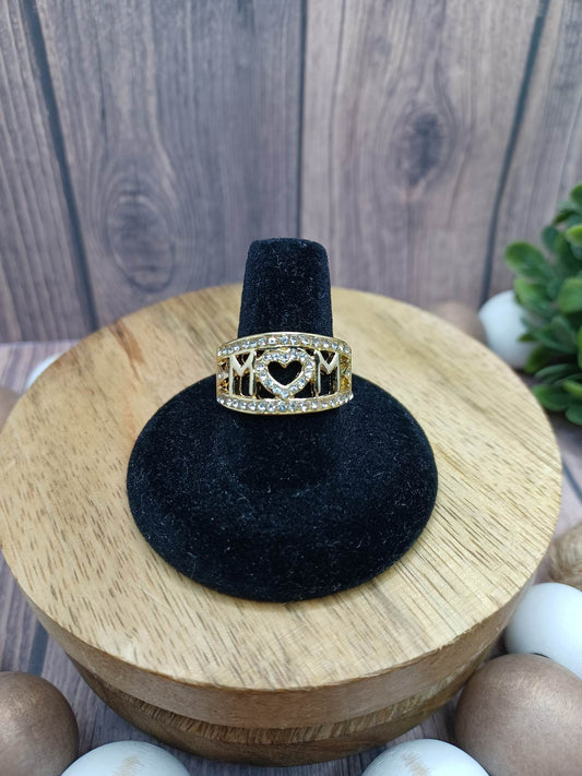 Gold Ring w/ Mom White Rhinestones - Size 8.5