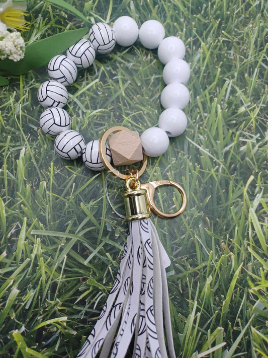 Volleyball Beaded Wristlet Keychain w/ Tassel