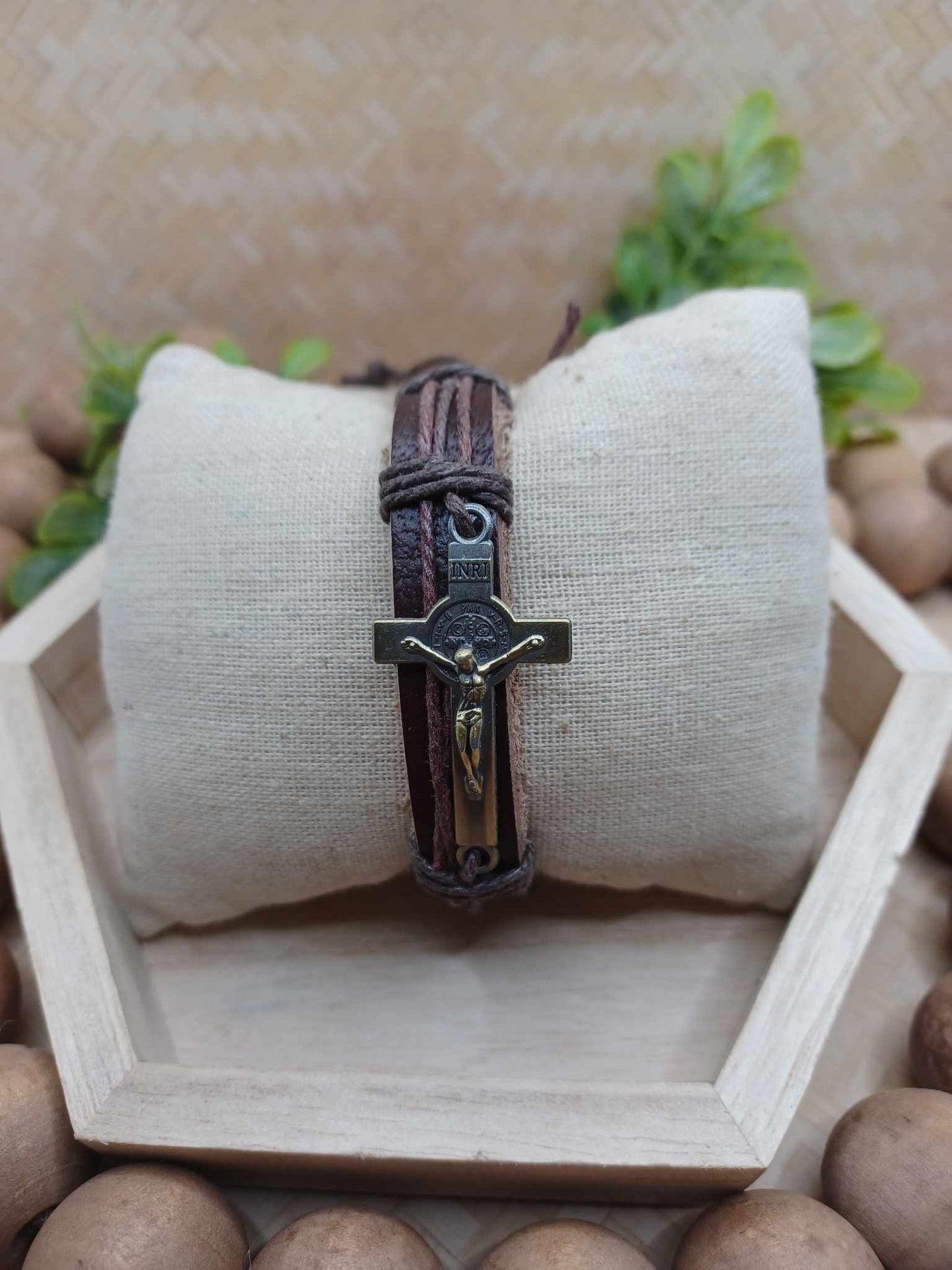 Dark Brown Jesus Leather Style Bracelet w/ Twine - Brass