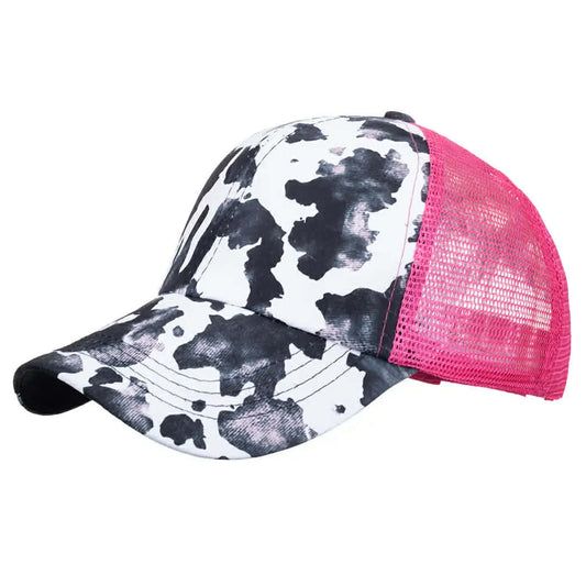 Hot Pink & Cow Print Ponytail Hat