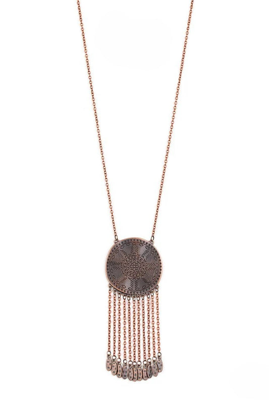 Copper Necklace w/ Textured Pendant & Tassels