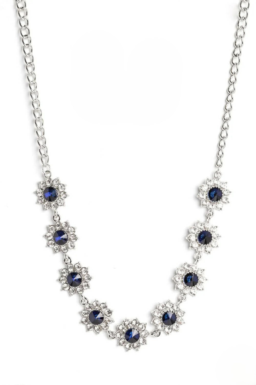 Silver Necklace w/ Navy Blue & Rhinestone Pendant Detail