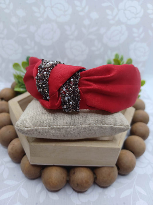 Red Headband w/ Druzy Crushed Stone & Pearl Accents