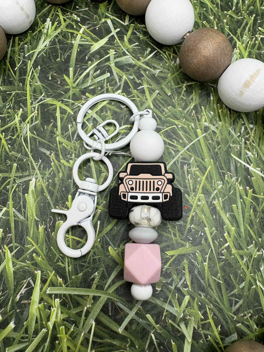 Pink Truck Beaded Keychain