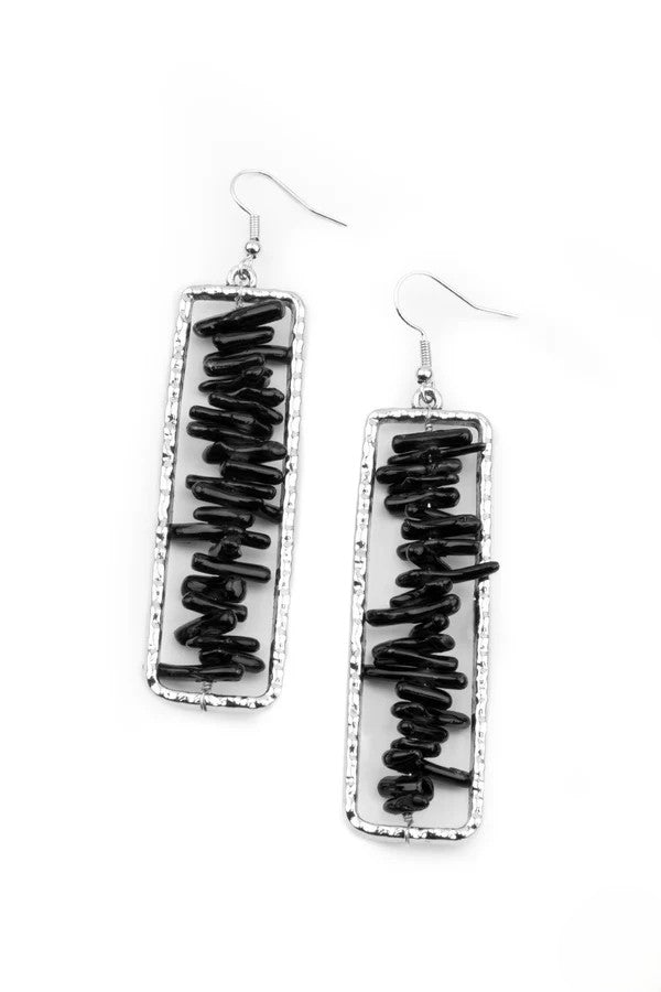Silver Rectangular Earrings w/ Black Textured Beading