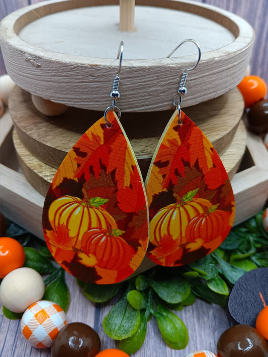 Fall Patterned Earrings w/ Pumpkins & Leaves