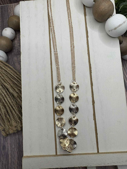 Gold Double Layered Necklace w/ Silver & Gold Textured Circles