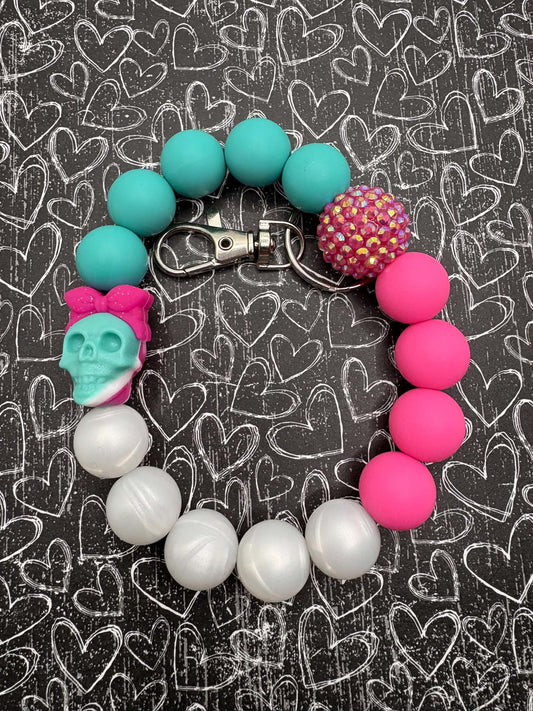 Pink, Teal, & White Skull Beaded Wristlet