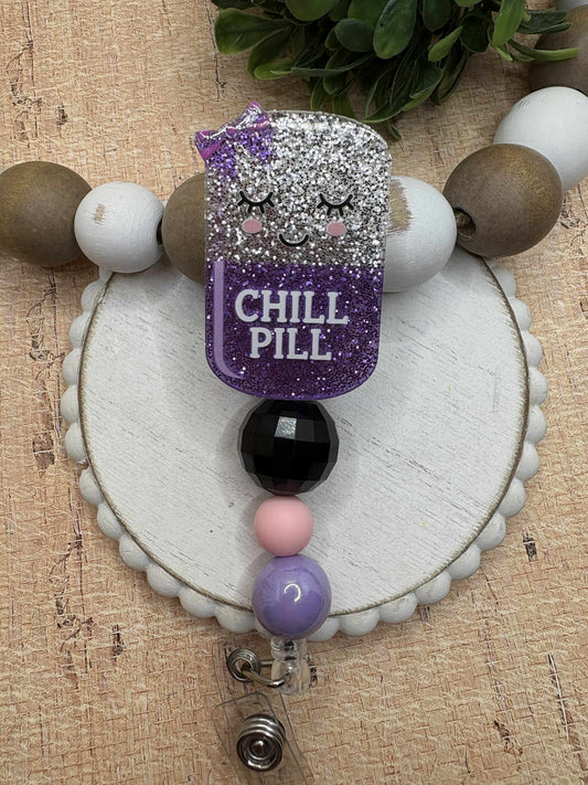 Chill Pill Glitter Beaded Badge Reel - Black, Pink, Purple