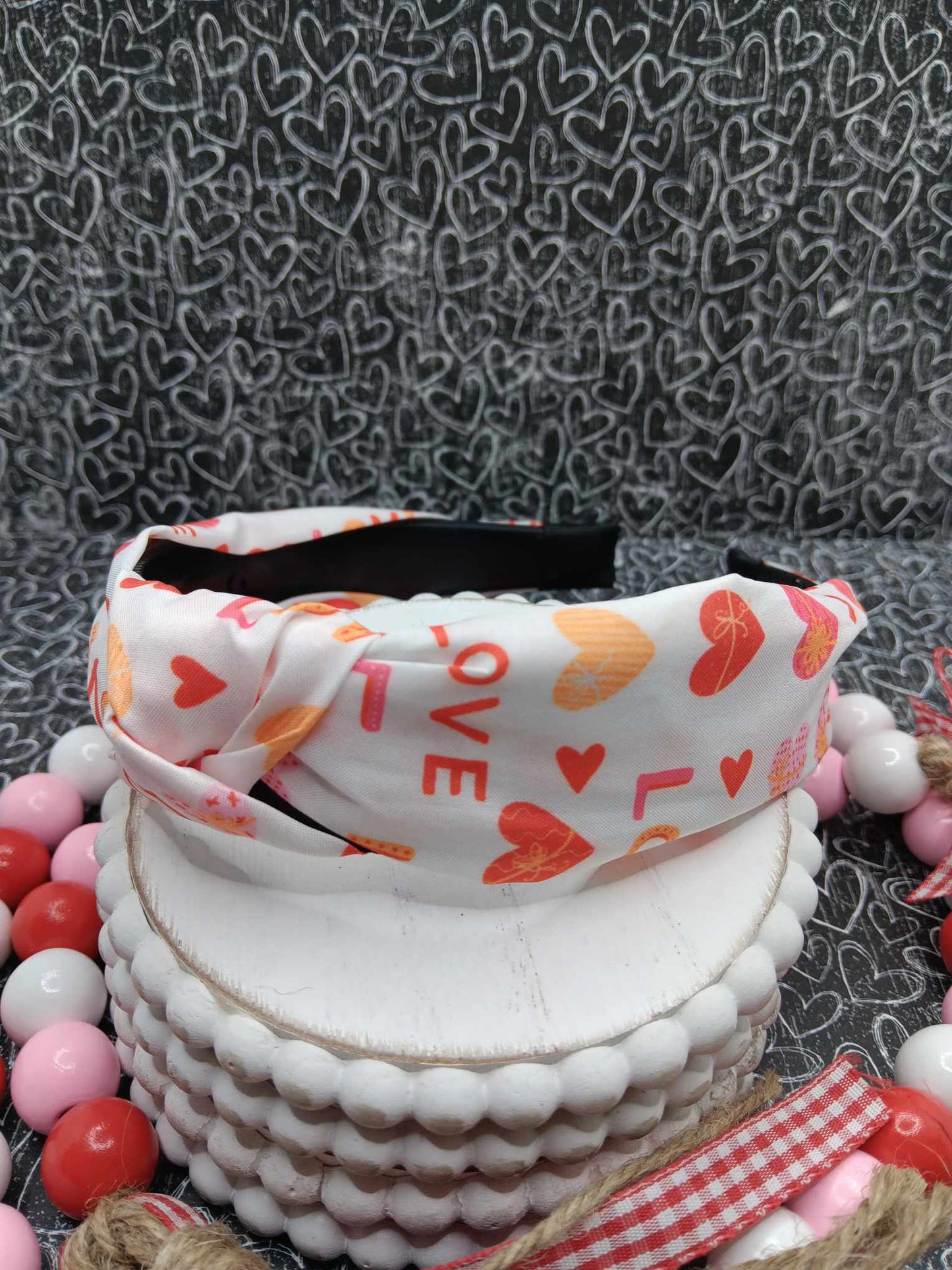White Love Patterned Top Knot Headband