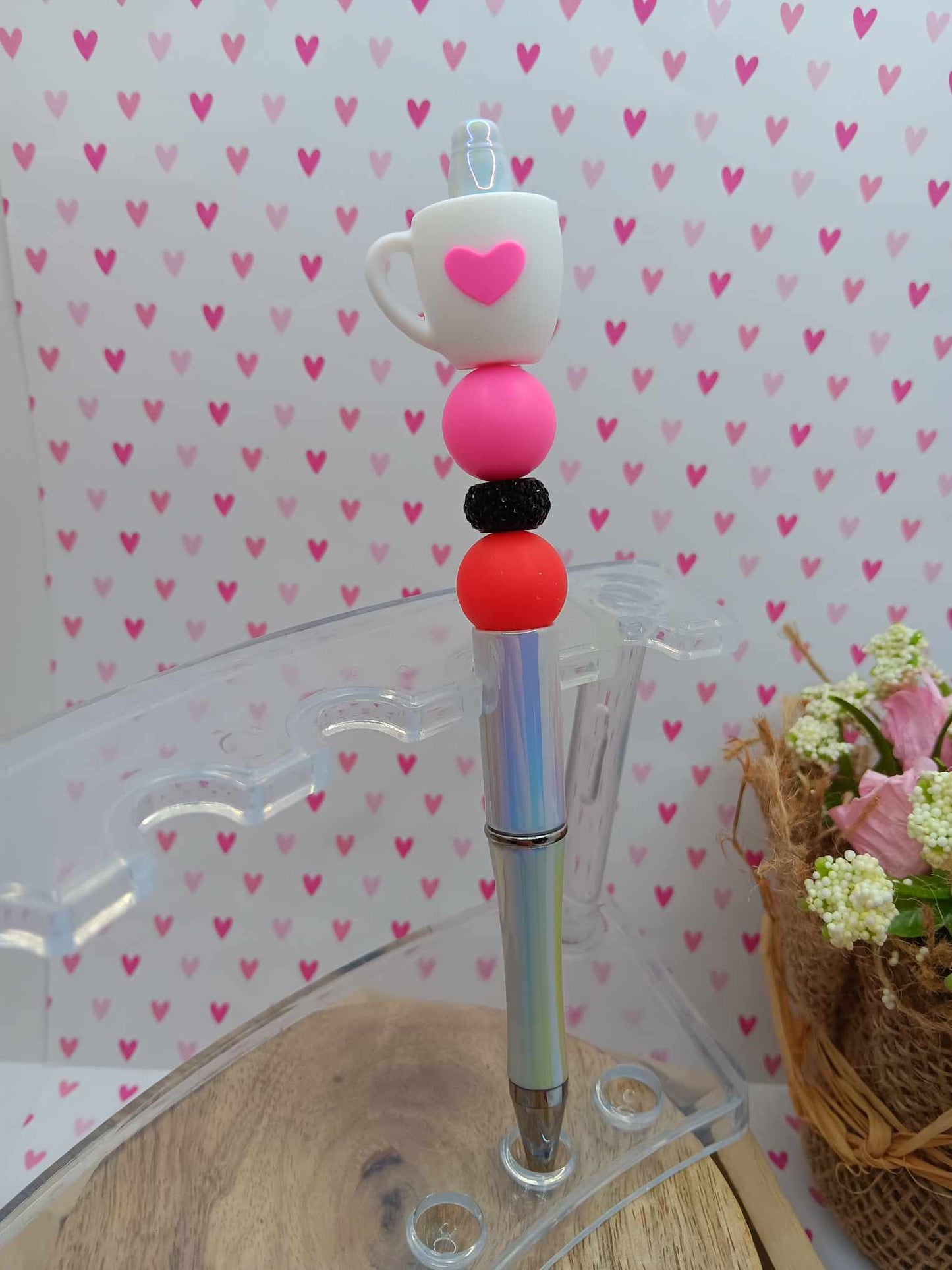 Be Mine Coffee Beaded Ink Pen - White