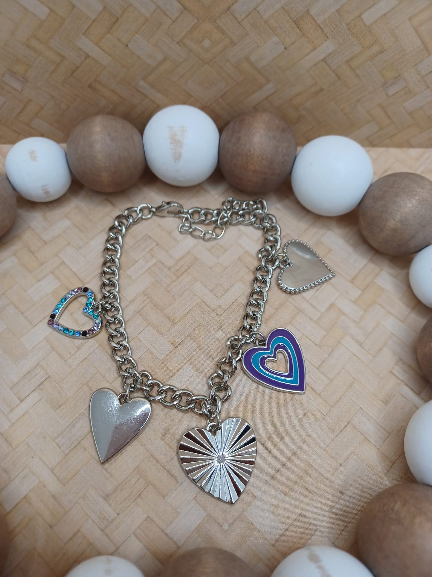 Silver Bracelet w/ Purple & Blue Heart Charm & Mermaid Rhinestone Detail