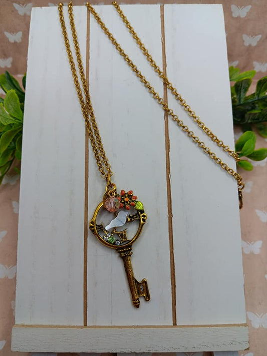 Gold Necklace w/ Key Pendant w/ Bird & Flower Accents
