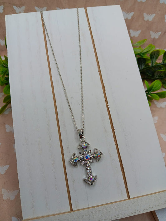 Silver Cross Necklace w/ Mermaid Rhinestones