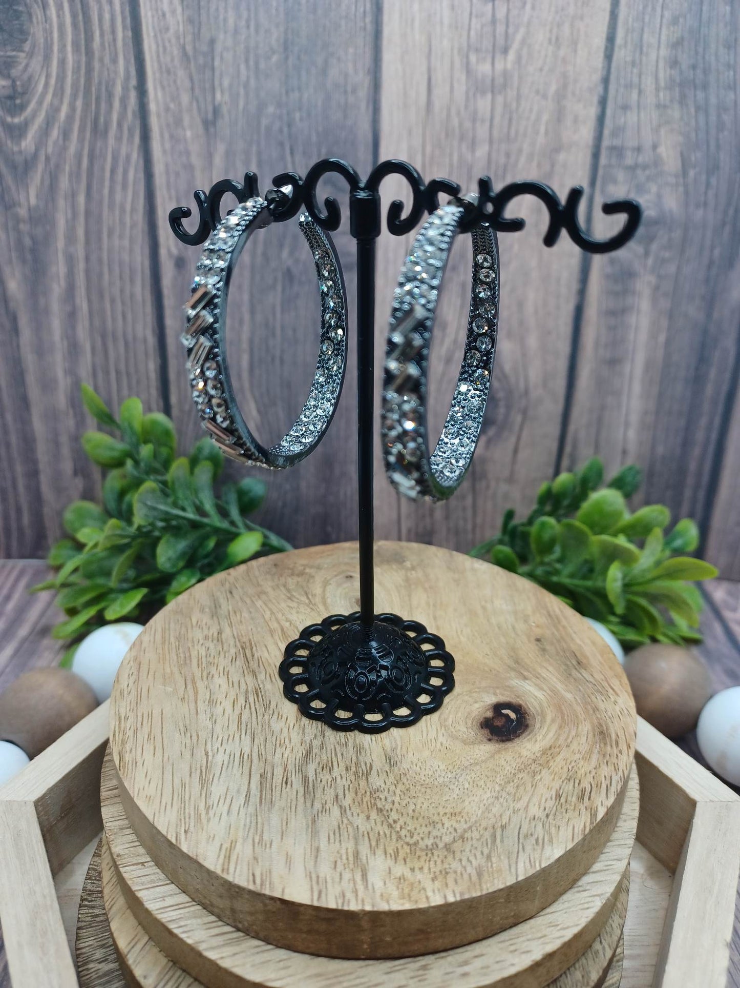 Gunmetal Earrings w/ White Rhinestones on Inner & Outer