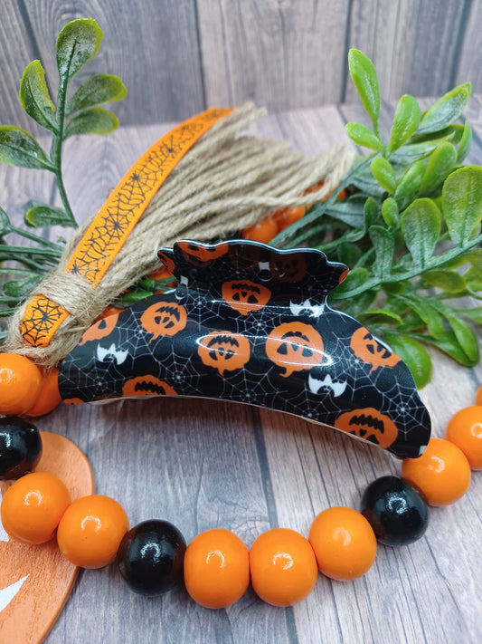 Black Halloween Hair Claw w/ Spider Webs & Pumpkins