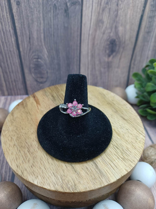 Silver Ring w/ Pink Rhinestone Flower - Size 9