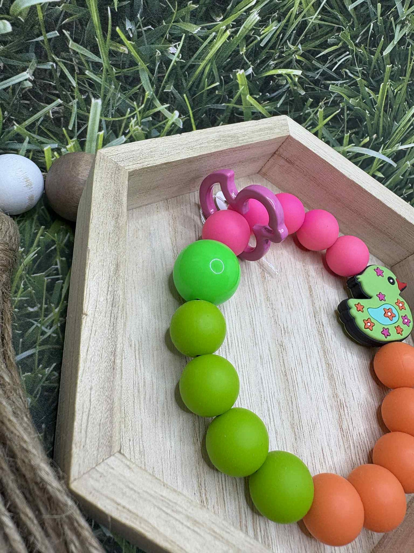 Orange, Pink, & Green Beaded Duck Wristlet Keychain