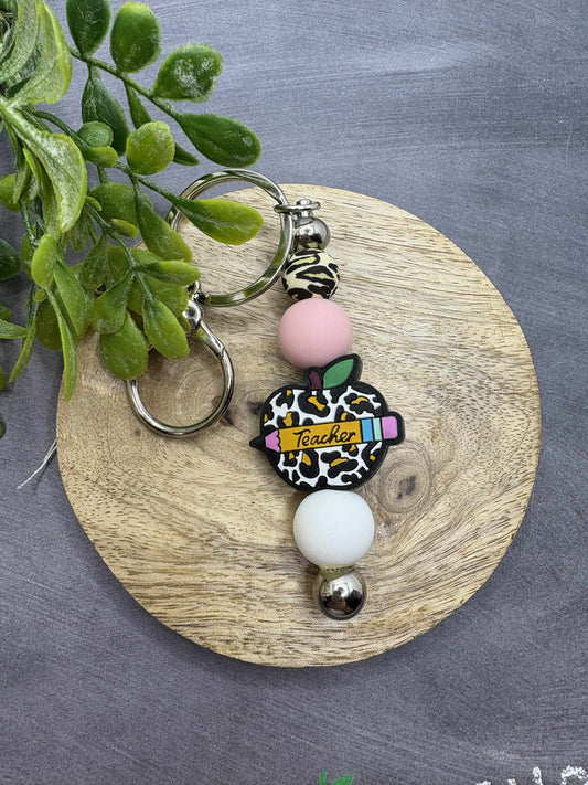 Leopard Teacher Beaded Keychain