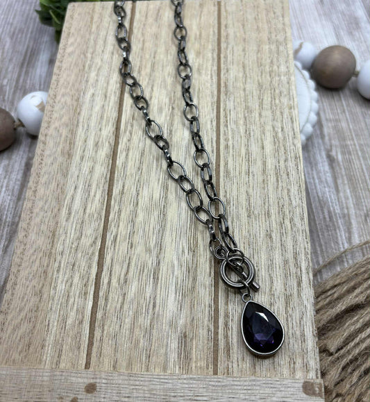 Gunmetal Toggle Style Necklace w/ Purple Teardrop Pendant
