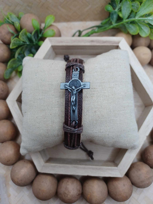 Dark Brown Jesus Leather Style Bracelet w/ Twine - Silver