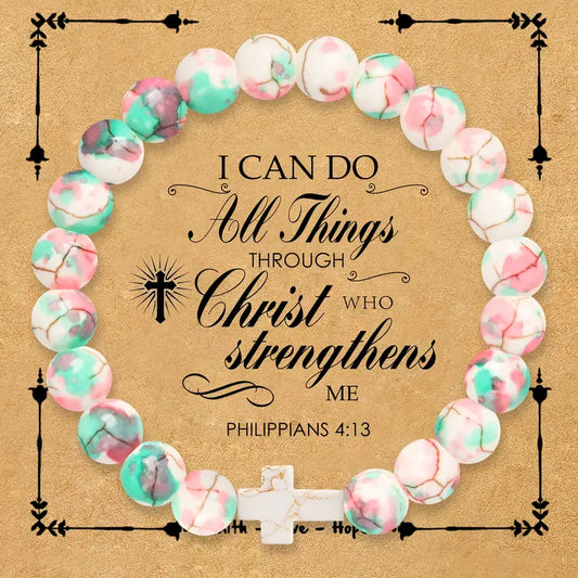 White, Pink, & Teal Speckled Cross Bracelet