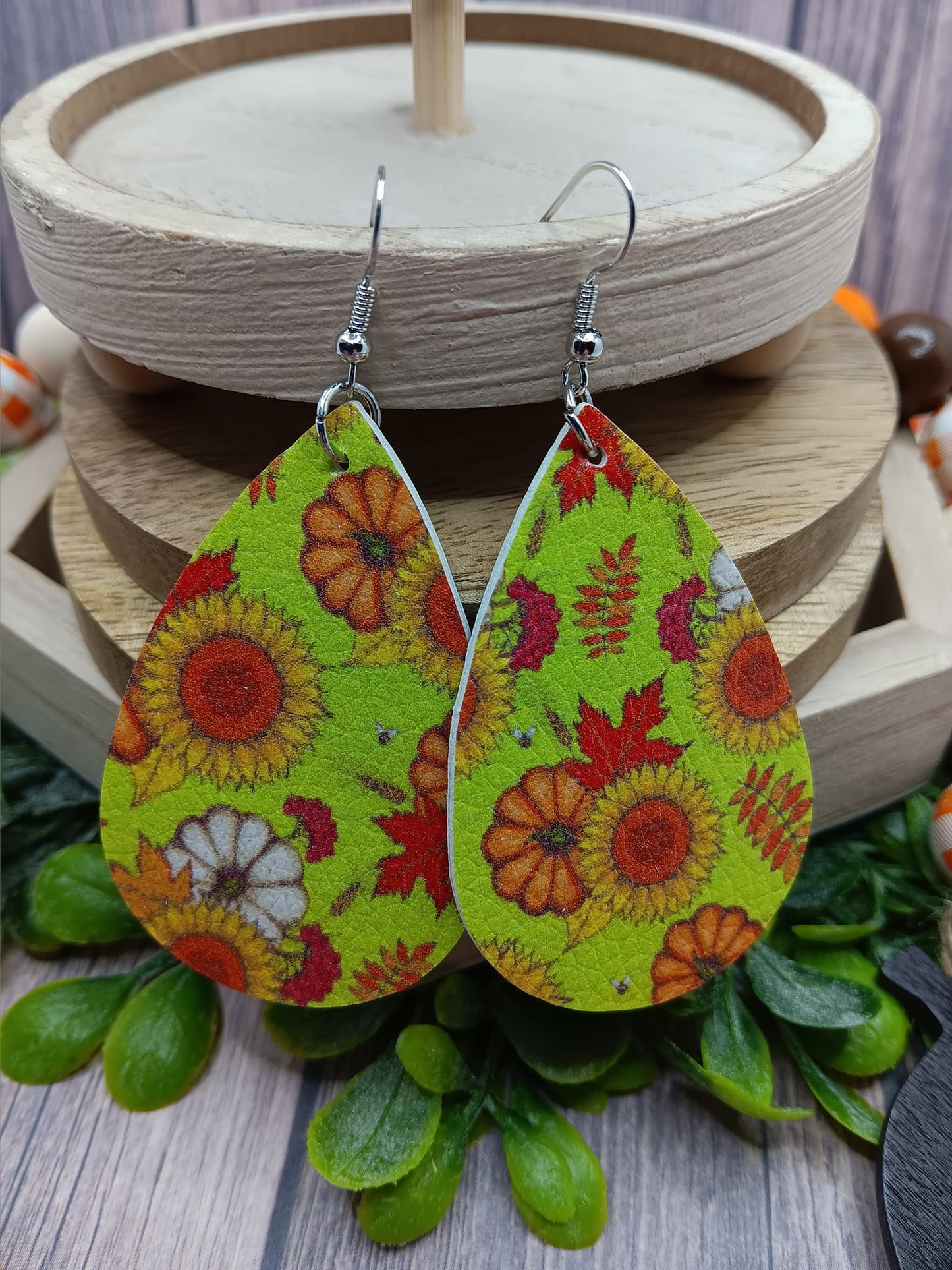 Green Fall Patterned Earrings w/ Pumpkins & Flowers