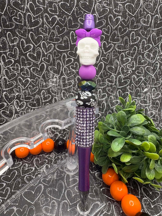 Purple & White Skull Beaded Ink Pen