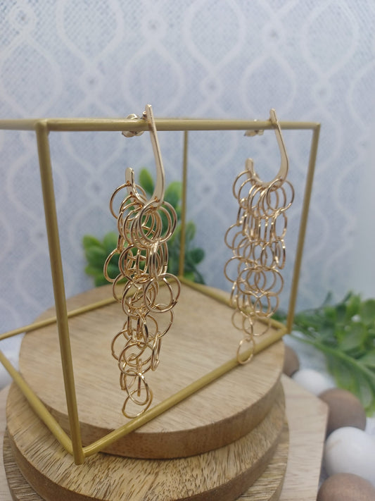 Dainty Gold J Style Hoop Earrings w/ Circle Tassels