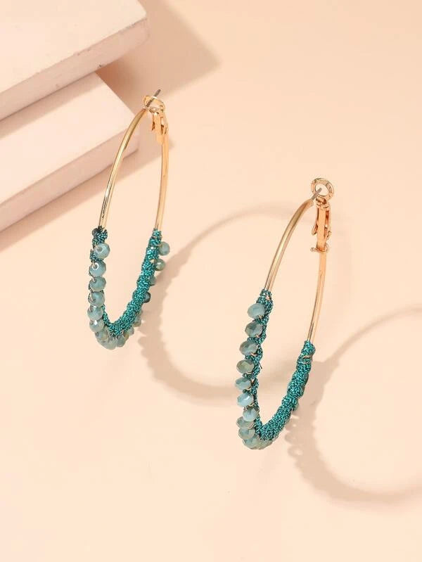 Teal Beaded & Wrapped Hoop Earrings