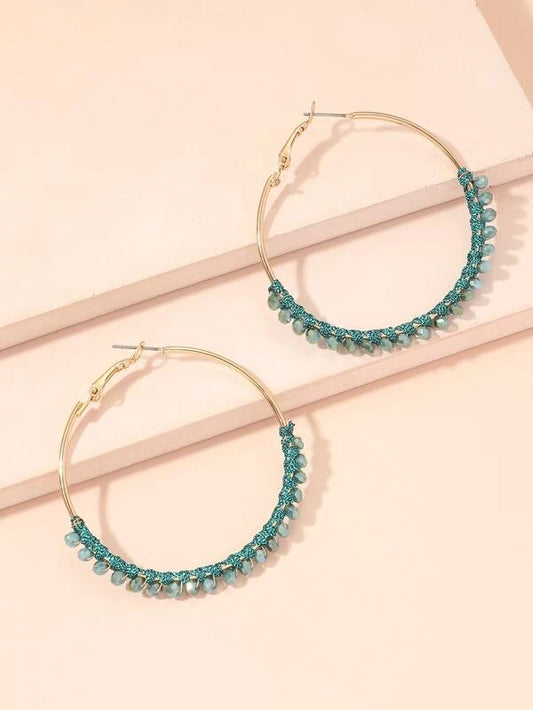 Teal Beaded & Wrapped Hoop Earrings