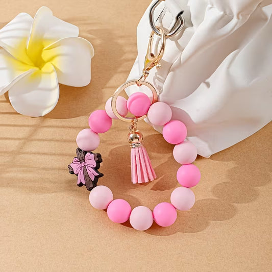 Pink Cross Beaded Wristlet Keychain