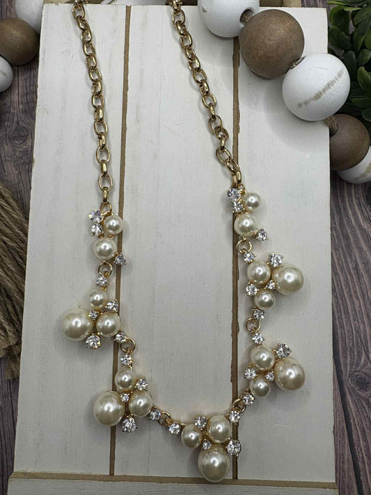Gold Necklace w/ Rhinestone & Pearl Accents