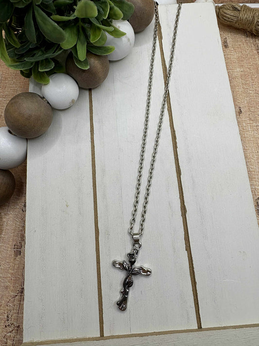 Silver Cross Necklace w/ Gunmetal Rose Accent