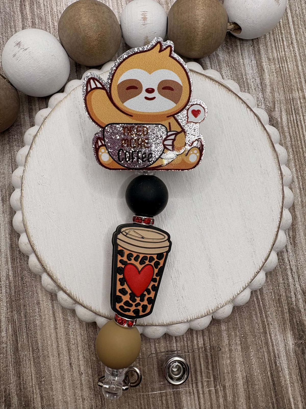 Sloth Coffee Themed Beaded Badge Reel