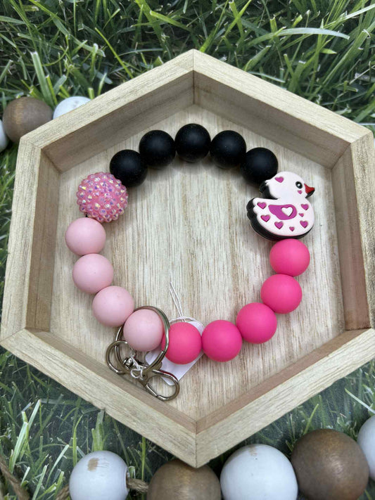 Pink & Black Duck Beaded Wristlet Keychain