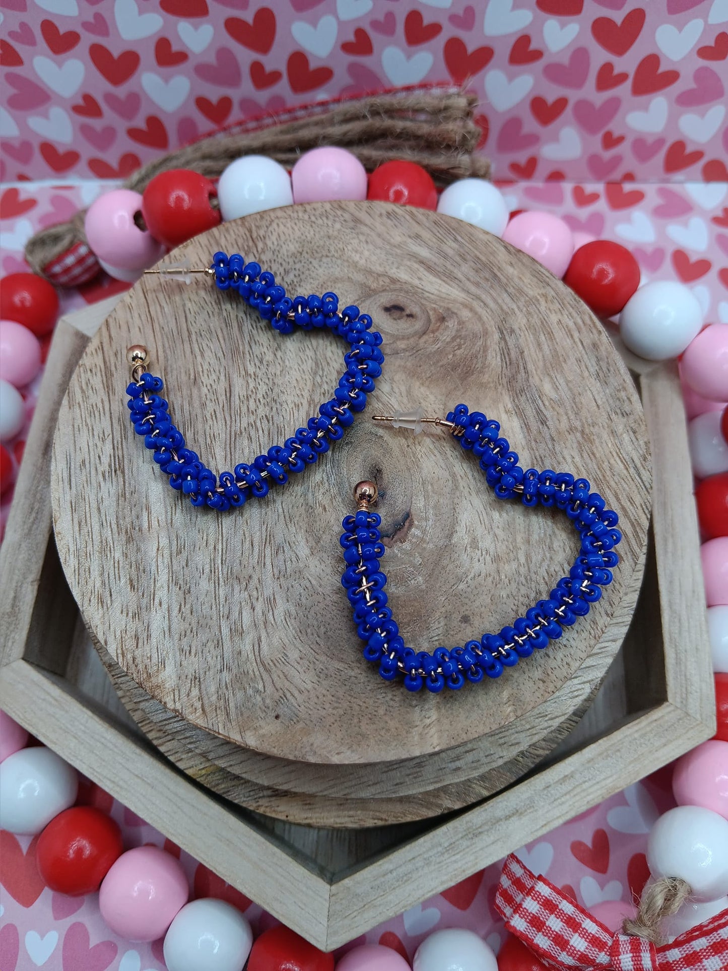 Blue Seed Bead Heart Shaped Earrings